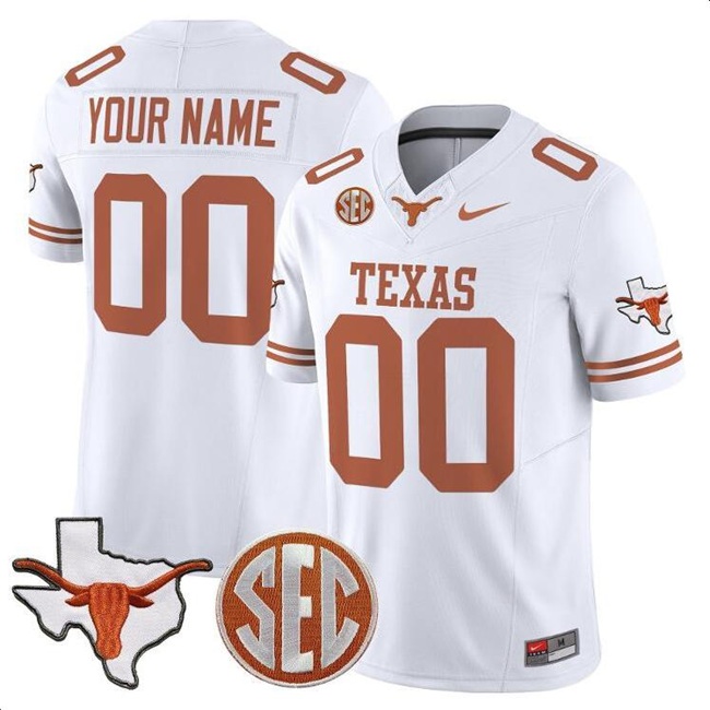 Men's Texas Longhorns Active Player Custom White F.U.S.E. State Map & SEC Patch Stitched Jersey